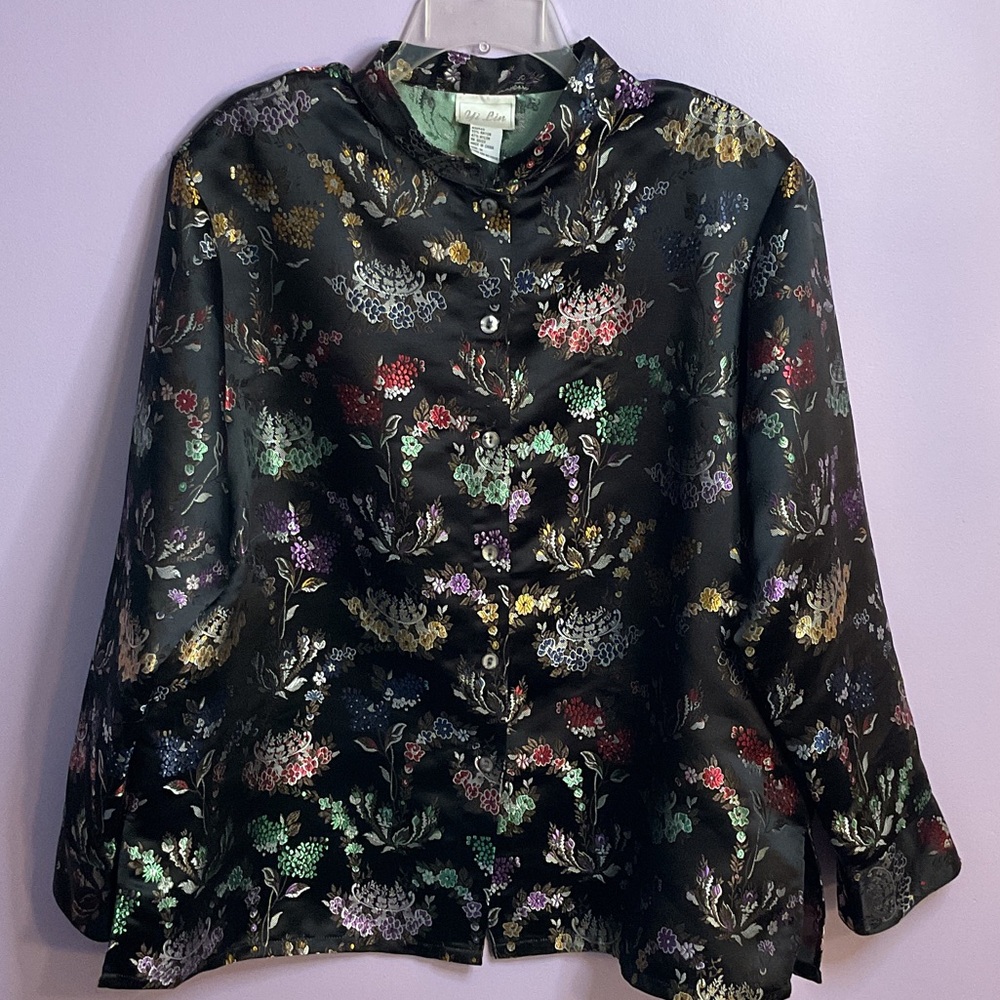 Chic Black Floral Satin Blouse